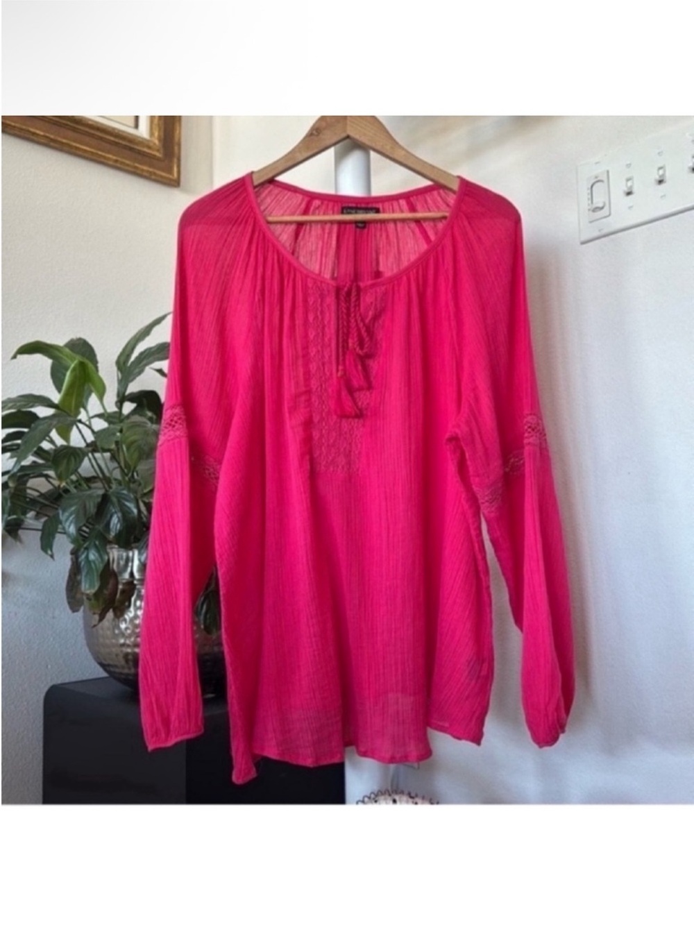 Lane Bryant Boho Gauze Peasant Blouse/Top/Shirt Sz 14/16 hot pink Crochet detail